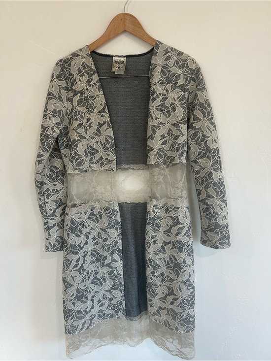 Vocal Sweaters - Vocal Gray and Cream Lace-Overlay Women's Cardigan